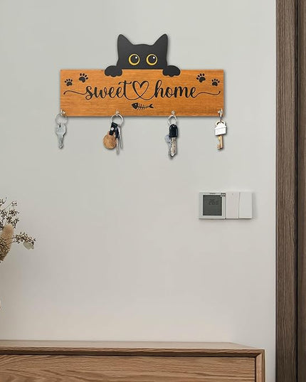Yhtmbf Cat Sweet Home Wooden Key Holder for Wall - 5"x10" Key Organizer Hanger with 4 Hooks for Front Door Hallway Entryway Kitchen - Home Office Decor & Housewarming Gifts Supplies - A07