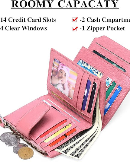 FALAN MULE Women's Genuine Leather Wallet, Compact Size, RFID Blocking, 14 Slots, 2 Zippered Pockets, 2 Bill Compartments, Includes Coin Pouch, Card Holders, AY-Lichee Pink