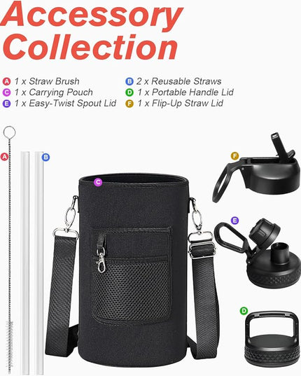 Half Gallon Water Bottle Insulated with Straw & 3 Lids, Coolflask 64 oz Water Jug Large Metal Stainless Steel Wide Mouth for Sports, Gym or Office, Non-BPA Keep Cold 48H Hot 24H, Dark Grey