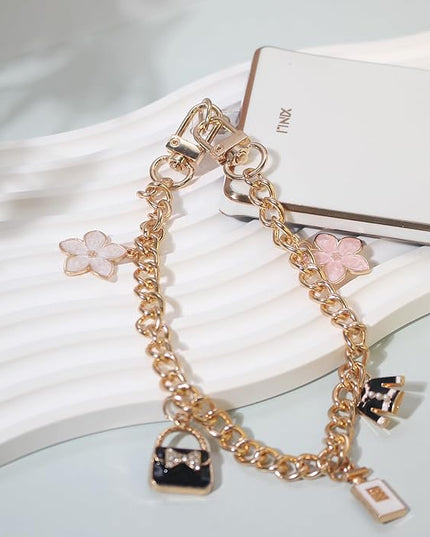 Pearl Beaded Phone Charm Wrist Strap,Cute Bracelet Wristlet Lanyard,Gold Double Chain for Phone Case,Purse Bag Wallet