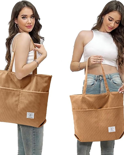 KALIDI Women Corduroy Tote Bag Zipper Casual Tote's Handbag Big Capacity Shoulder Bag with Pockets