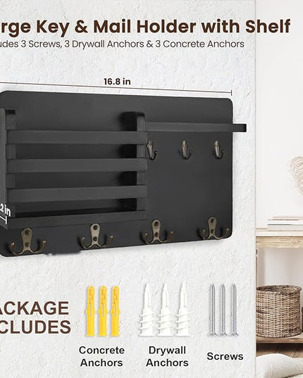 Nekon Mail Holder for Wall Mail Organizer with Key Hooks Hallway Farmhouse Decor Storage Racks with Floating Shelf and Flush Mount Hardware (16.8Inch x 10Inch x 3.2Inch)