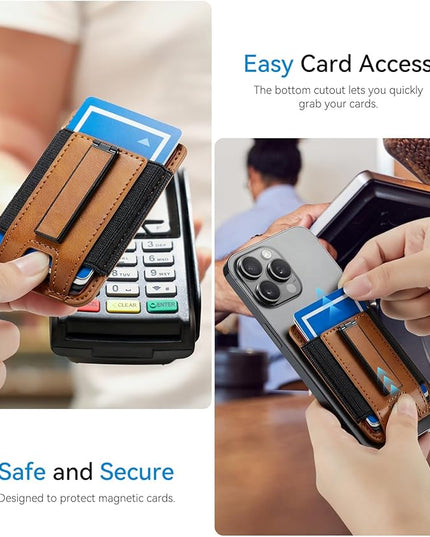 BIAJIYA Phone Wallet Sticky Back with Stand - Holds 6 Cards for iPhone & Samsung, Ultra Thin Leather & Stretch Fabric Card Holder (LiBrown)