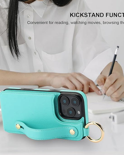 Folosu for iPhone 16 Pro Max Wallet Case with Card Holder, Hand Wrist Strap Loop Holder Kickstand, RFID Blocking Finger Grip Ring PU Leather Double Buttons Shockproof Cover 6.9" Green