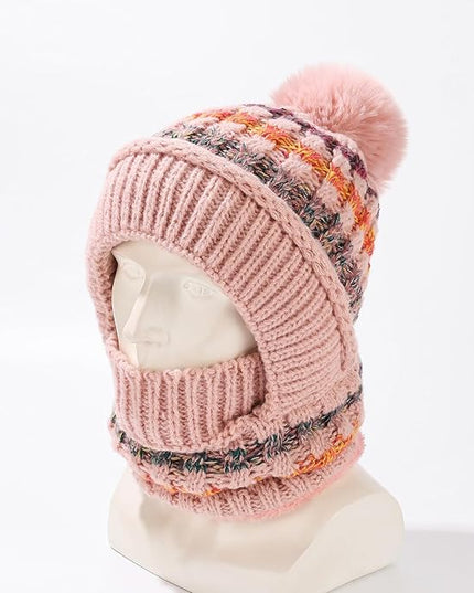 HUAMULAN Women Winter Beanie Hats One Piece Fleece Lined Knit Balaclavas Mask Set Skull Neck Circle Scarf Ski Snow Hat Pompom