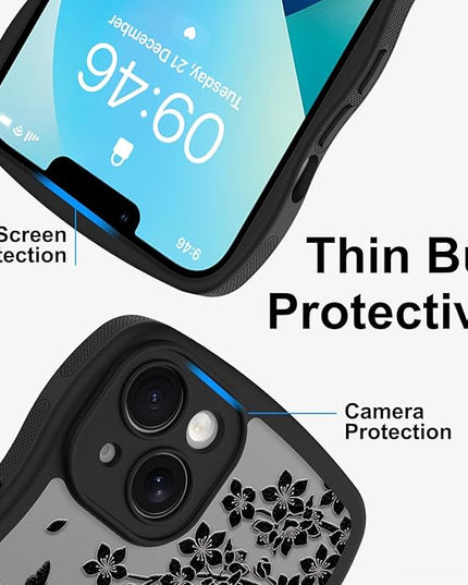 Wavy Case for iPhone 13 Case with Stand [Compatible with MagSafe] Cute Black Cat & Floral & Butterflies Pattern Design, Kawaii 360 Magnetic Ring Kickstand Phone Cover for Women Girls