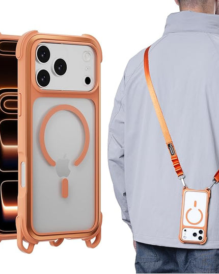 MAGEASY Compatible with iPhone 17 Pro Max 6.9" Case with Strap - 20ft Ultimate Drop Protection Compatible with MagSafe, Aluminum Frame | Odyssey Strap M (Coral)