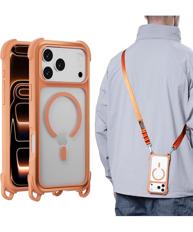 MAGEASY Compatible with iPhone 17 Pro Max 6.9" Case with Strap - 20ft Ultimate Drop Protection Compatible with MagSafe, Aluminum Frame | Odyssey Strap M (Coral)