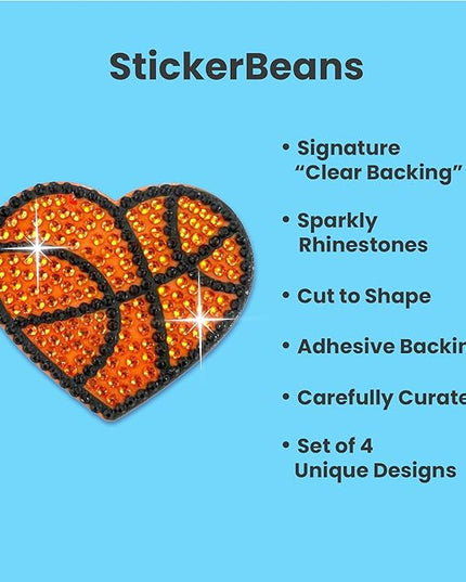 StickerBeans® Rhinestone Stickers - Sporty 4-Pack, 2” x 2” Each, Unique Sparkly Cut-to-Shape for Collecting, Trading, Decorating Laptops, Phone Cases, Scrapbooks - for Kids, Teens, & Adults