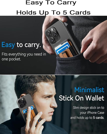 BIAJIYA Phone Wallet Sticky Back with Stand - Holds 6 Cards for iPhone & Samsung, Ultra Thin Leather & Stretch Fabric Card Holder (LiBrown)