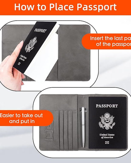 WALNEW Passport Holder for Travel, RFID Passport Cover Wallet for Women Men, PU Leather Passport Book Card Holder Case with Pen, Travelling Essentials for Flying