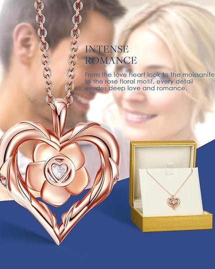Beam & Bask Rose Flower Heart Moissanite Necklaces for Wife, S925 Silver Pendant for Women, 18K Gold Plated Jewelry for Her Girlfriend Mom for Anniversary Birthday