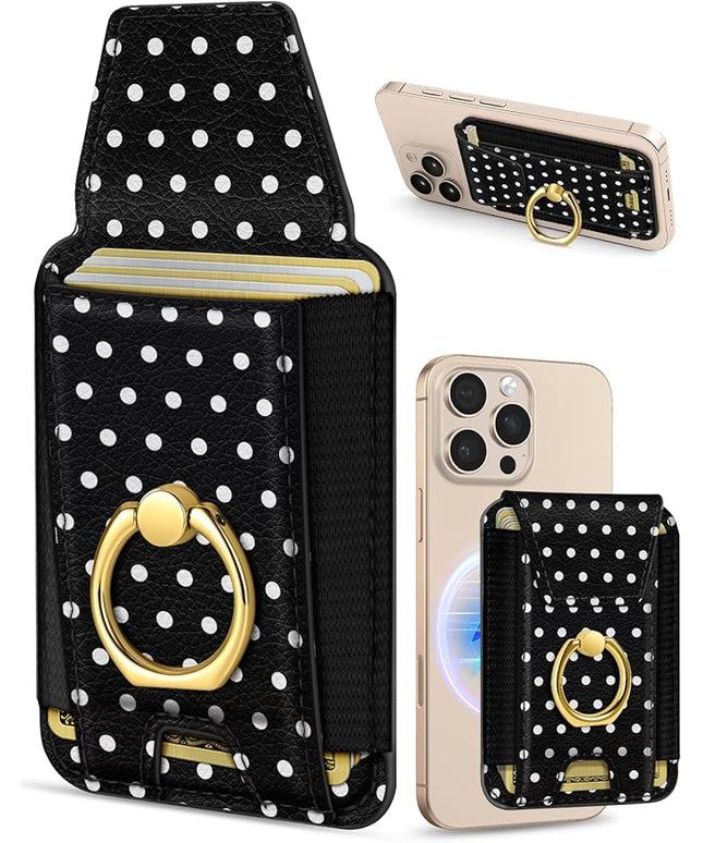Shorogyt Compatible with Magsafe Wallet with Ring Grip Magnetic Card Holder - Cute Phone Wallets with Stand for iPhone 17/16/15/14/13/12 Series for Women Girls Polka Dot Design, Fit 7 Cards