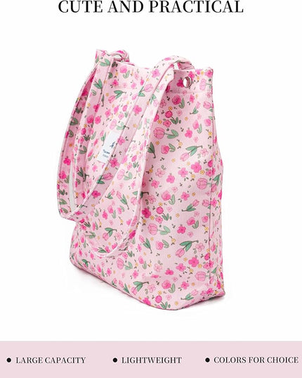 Corduroy Tote Bag Cute Tote Bags for Women Shoulder Bag with Inner Pocket for Work Beach Travel and Shopping Grocery