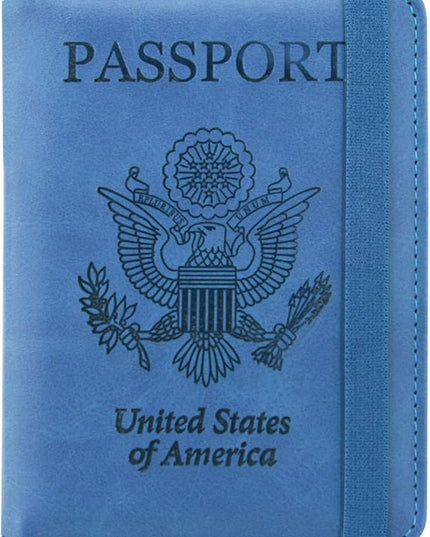 ACdream Passport and Vaccine Card Holder Combo, Cover Case with CDC Vaccination Card Slot, Leather Travel Documents Organizer Protector, with RFID Blocking, for Women and Men, C - Light Blue,
