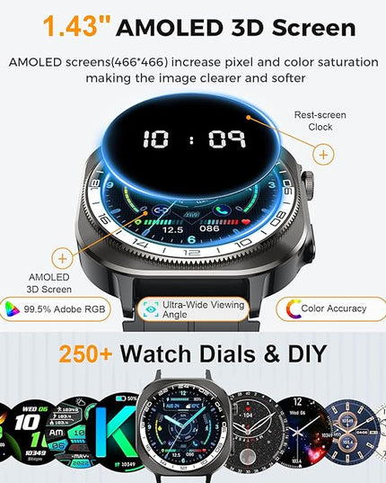 Smart Watch, 2026 AMOLED 1.43" Fitness Smartwatch for Men Women, Bluetooth 5.4 Call, 130+Sports Modes, 60+Days Flashlight, Heart Rate/Sleep Monitor, IP68 Waterproof Activity Tracker for Android iOS