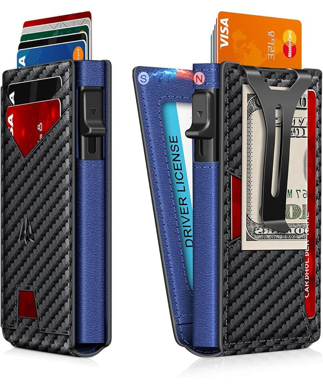 Ruiici Wallet for Men, Slim Minimalist Wallet with Money Clip＆ID Window, RFID Blocking Pop-Up Credit Card Holder, Smart Auminum Mens Wallet Holds 9-13 Cards (Gift Box) (Carbon Fiber & Blue)