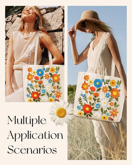 Embroidery Canvas Tote Bag for Women - Reusable Totes with Pocket & Buckle Aesthetic Cute Grocery Shoulder Bag