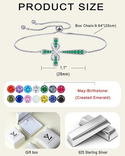 YL Cross Bracelet 925 Sterling Silver Infinity Sideways Link Bracelet Birthstone Jewelry for Women