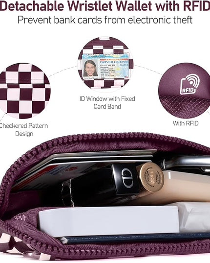 Clip and Go Strap for Phone with Wallet Crossbody Phone Lanyard and Detachable Checkered Bag with ID Window and RFID Pouch for Daily Travel.