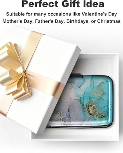 ELFISH Mini RFID Aluminum Wallet Credit Cards Holder Business Card Case Metal ID Case for Men Women（Blue Purple Marble