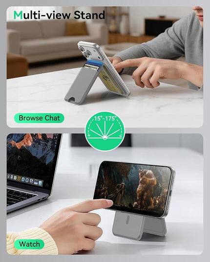 Fanseesy for MagSafe Wallet with Stand, 5 Card Holder, Slim Leather Magnetic Wallet for iPhone 17/16/15/14/13/12 Pro Max Plus Air Series, 3 Card Slots & 1 Cash Slot,Grey