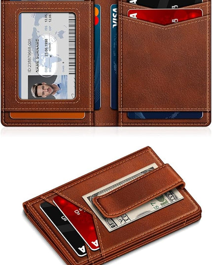 ZALVEX Wallet for Men Slim Leather Wallets for 12-15 Cards, Minimalist Thin RFID Blocking Card Holder with Money Clip & ID Window, Small Bifold Front Pocket Wallet, Gifts for Men