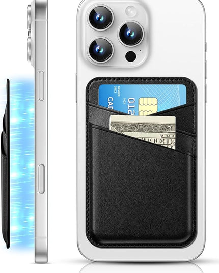 SS Magnetic Wallet Compatible with iPhone 16 15 14 13 12 Pro Max Plus Series - Strongest Magnetic Leather Card Holder Stick on for Apple Cell Phone, Mag Safe Wallet for Women Men (Black)