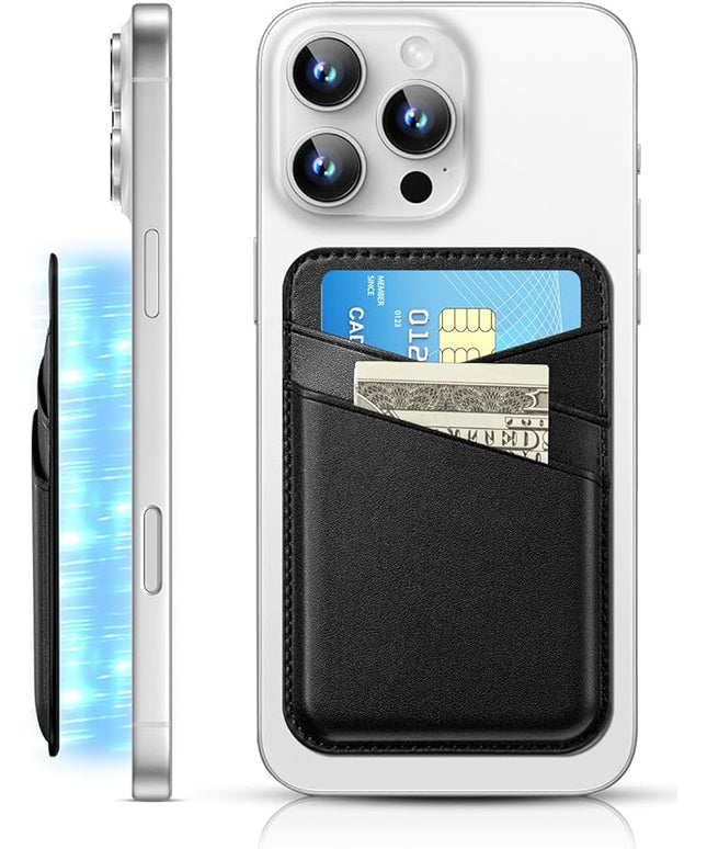 SS Magnetic Wallet Compatible with iPhone 16 15 14 13 12 Pro Max Plus Series - Strongest Magnetic Leather Card Holder Stick on for Apple Cell Phone, Mag Safe Wallet for Women Men (Black)
