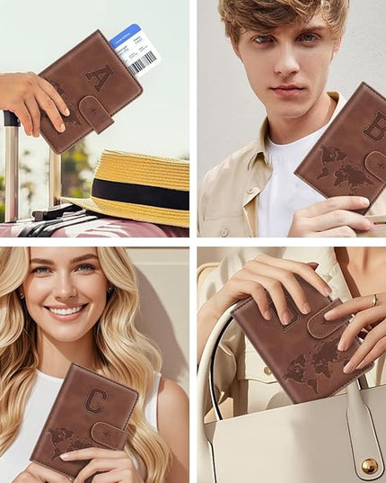 Passport Holder Wallet Cover Personalized Letter A-Z Travel Wallet RFID Blocking Passport Cover Wallet Case for Travel Passport Book Holders for Women and Men, Brown-D