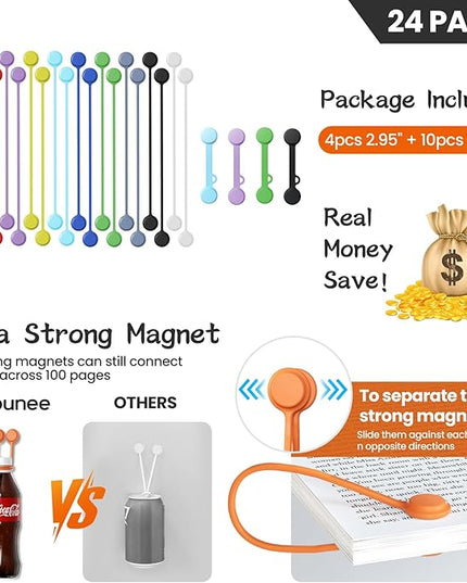 Tounee Reusable Silicone Magnetic Cable Ties - 2 Sizes Combo (4pcs 2.56'' + 20pcs 7.16'') - Multi-Purpose for Cable Bundling, Organizing, Bookmarks & Fridge Magnets - Assorted Colors, Pack of 24