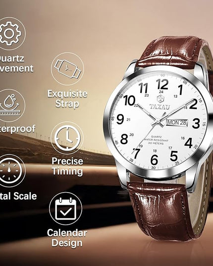 Men's Watches Leather Band Stainless Steel Quartz Analog Watch Luxury Waterproof Watches for Men Dress Men's Wrist Watch with Day Date Arabic Numeral Relojes para Hombre