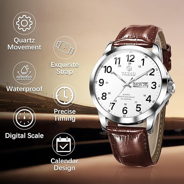 Men's Watches Leather Band Stainless Steel Quartz Analog Watch Luxury Waterproof Watches for Men Dress Men's Wrist Watch with Day Date Arabic Numeral Relojes para Hombre