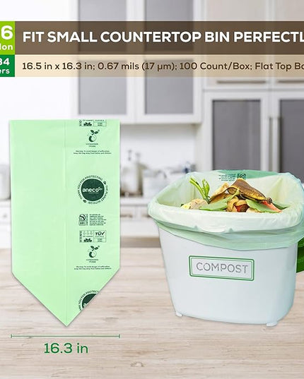 ANECO 100% Compostable Waste Bags 2.6 Gallon (Flat Top Bags, 50 Count) Extra Strong Kitchen Small Compost Bags for Countertop Bin (BPI & OK Compost HOME Certified)