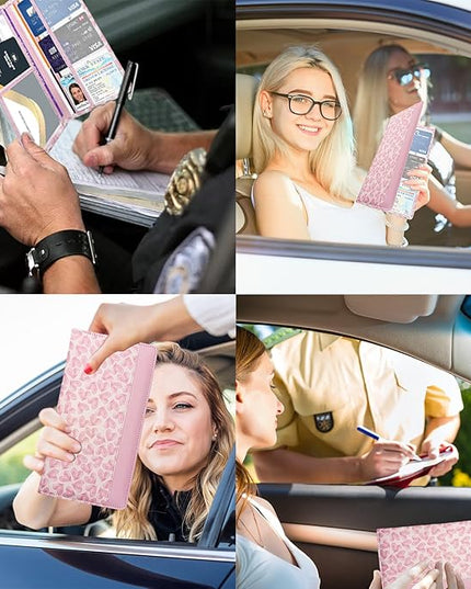Car Registration and Insurance Holder with Magnetic Closure, Universal Document Organizer for License, Insurance Cards & Glove Box Storage (Heart-Pink)
