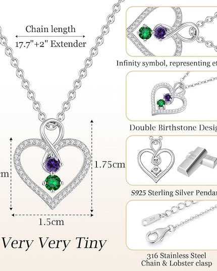 LOUISA SECRET Infinity Double Birthstone Necklace, 925 Sterling Silver Tiny Pendant Heart Necklace for Women Wife Her, Best Jewelry Gift Heart Jewelry Meaningful Gift for Valentine's Day, Christmas, Birthday Anniversary