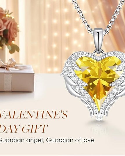 CDE Christmas Gifts for Women Angel Wings Necklace for Women with Birthstone, Love Heart Silver Tone/Gold Tone Pendant, Ideal Anniversary or Birthday Jewelry Gifts for Wife Girlfriend Her