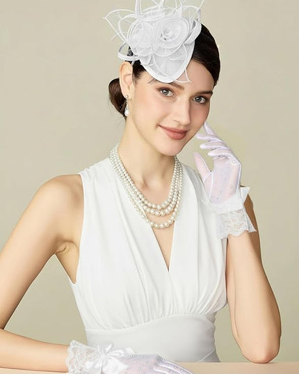 Lace Gloves for Women - Short Bow Rhinestone Tulle Sheer Sparkly Evening Stretchy Gloves for Wedding Opera Party