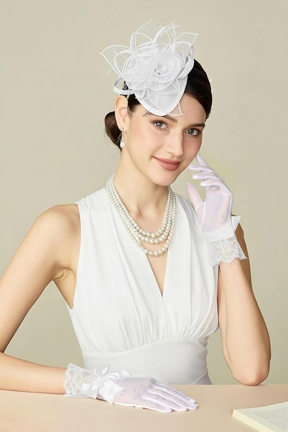 Lace Gloves for Women - Short Bow Rhinestone Tulle Sheer Sparkly Evening Stretchy Gloves for Wedding Opera Party