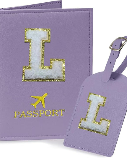 COSHAYSOO Purple Passport Cover and Luggage Tag Set TSA Approved with Her Initial Chenille Letter Patch, Fashionable Travel Bag Backpack Suitcase Identifier Gifts for Granddaughter Grandma Mother (L)