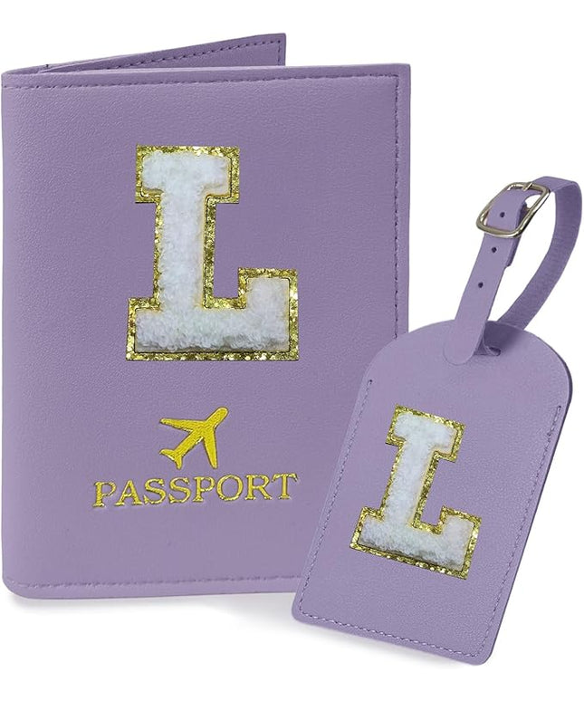 COSHAYSOO Purple Passport Cover and Luggage Tag Set TSA Approved with Her Initial Chenille Letter Patch, Fashionable Travel Bag Backpack Suitcase Identifier Gifts for Granddaughter Grandma Mother (L)