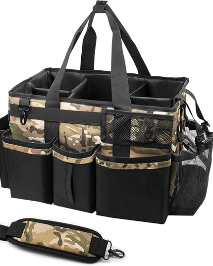 Wearable Cleaning Caddy Organizer with Handle & Shoulder Straps for Housekeepers, Under Sink & Car Cleaning Tool Organizer Bag with 4 Foldable Dividers (Camouflage)