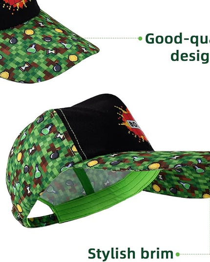 Pixel Baseball Cap for Boys, Adjustable Green Game Theme Hat for Men Teens Fans Gamers Cool Trendy Gift