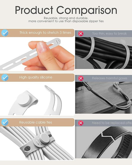 20Pcs Nearockle Silicone Cable Ties, 5.12 Inch Adjustable Cord Organizer Reusable Zip Ties for Charging Cords Earphone Computer Wire, Office Desk Cable Management Travel Accessories(White)
