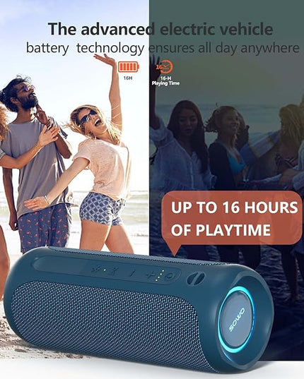 SOWO Portable Bluetooth Speaker, IPX7 Waterproof Wireless Bluetooth Speaker, Bassboom Technology, 25W Loud Stereo Sound, LED Light with TWS Pairing, 16H Playtime for Home and Outdoor -Blue