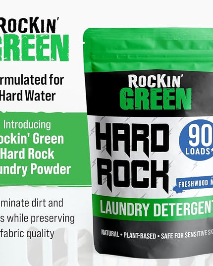 Rockin' Green Hard Rock Laundry Detergent for Hard Water (90 Loads), Plant based, Natural Laundry Detergent Powder, Biodegradable Odor Fighter, Safe for Sensitive Skin, 45 oz (Freshwood Mac)