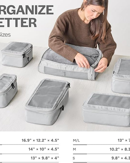 Aerotrunk Compression Packing Cubes for Travel - Luggage Organizer Bags - Double Zipper Packing Cubes for Suitcases (6-Pack, Light Grey)