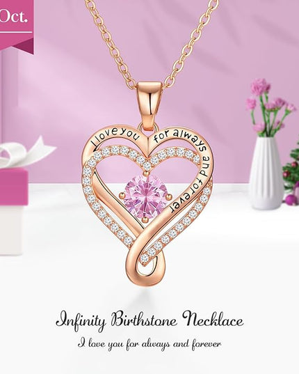 Infinity Love Heart Birthstone Necklace for Women Wife, S925 Sterling Silver Anniversary for Women Wife Birthday Gift for Her Girlfriend Mom Daughters, I Love You Women's Jewelry 18k Rose Gold Filled