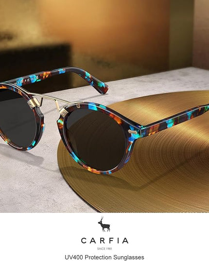 CARFIA Small Face Acetate Polarized Sunglasses for Women UV Protection, Retro Double Bridge Eyewears Metal Brow Round Sunnies