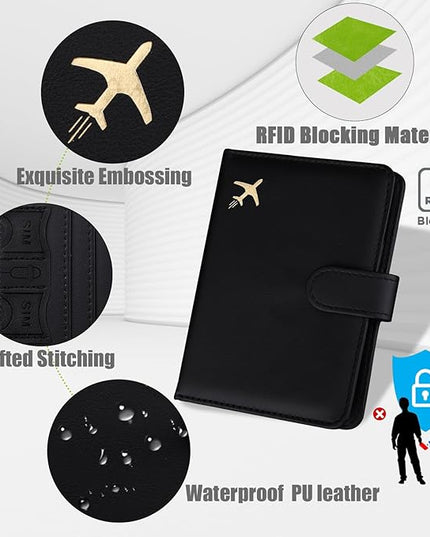 GOAUS Passport Holder for Travel with AirTag Slot Cards Cash Pocket, Faux Leather Travle Wallet Gifts for Women Men RFID Blocking Book Case Black, AirTag Not Included